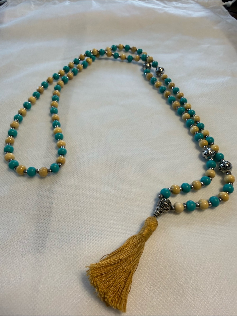 Mala 108Wood Beads Necklace (Turquoise and Mustard) Glass/Metal